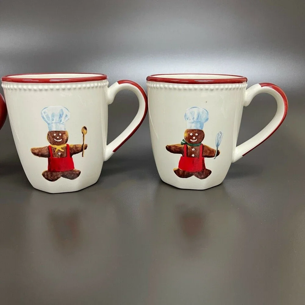 Williams Sonoma Gingerbread Chef Mugs Cups Earthenware Dishwasher Safe Lot of 4